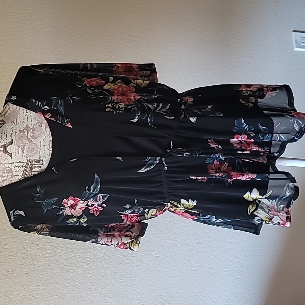 XL EUC black floral shirt‎ with sheer overlay